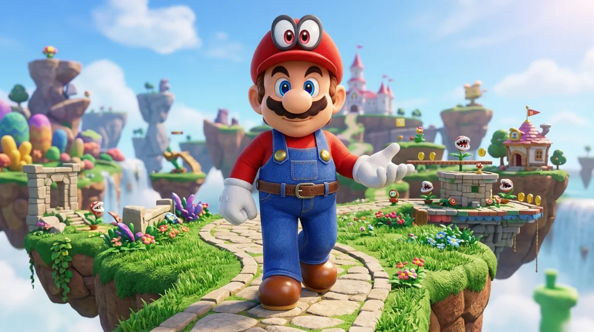 Mario en tenue classique avec Cappy dans un décor onirique pour illustrer notre soluce de Super Mario Odyssey.