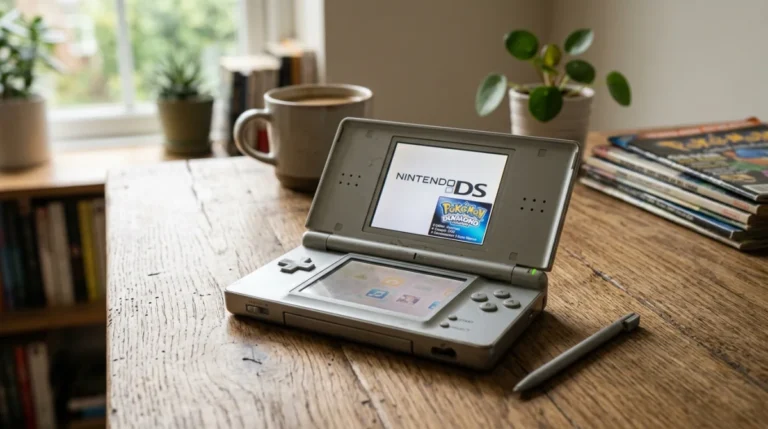 Le meilleur jeu DS selon les usages et les genres Console Nintendo DS originale posée sur une table en bois, le meilleur jeu DS en pleine immersion nostalgique.