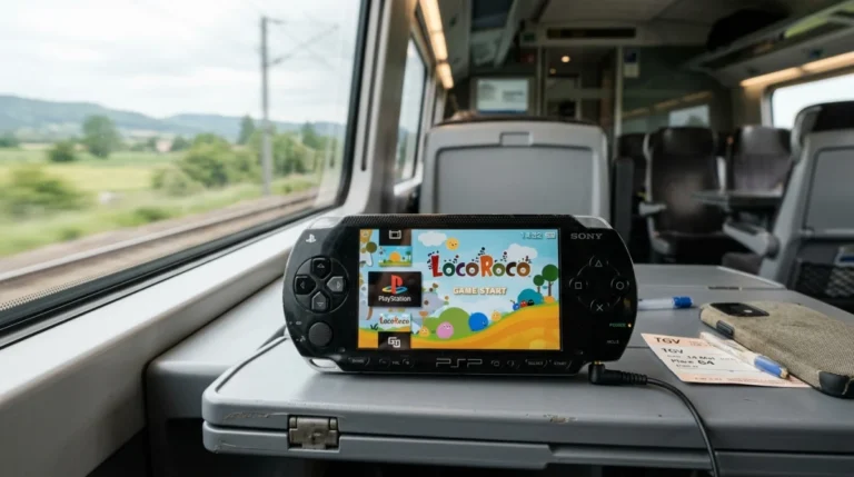 Les meilleurs jeux sur PSP à connaître aujourd’hui Console PSP originale posée sur une tablette de train, illustrant le meilleur jeu sur PSP en voyage.