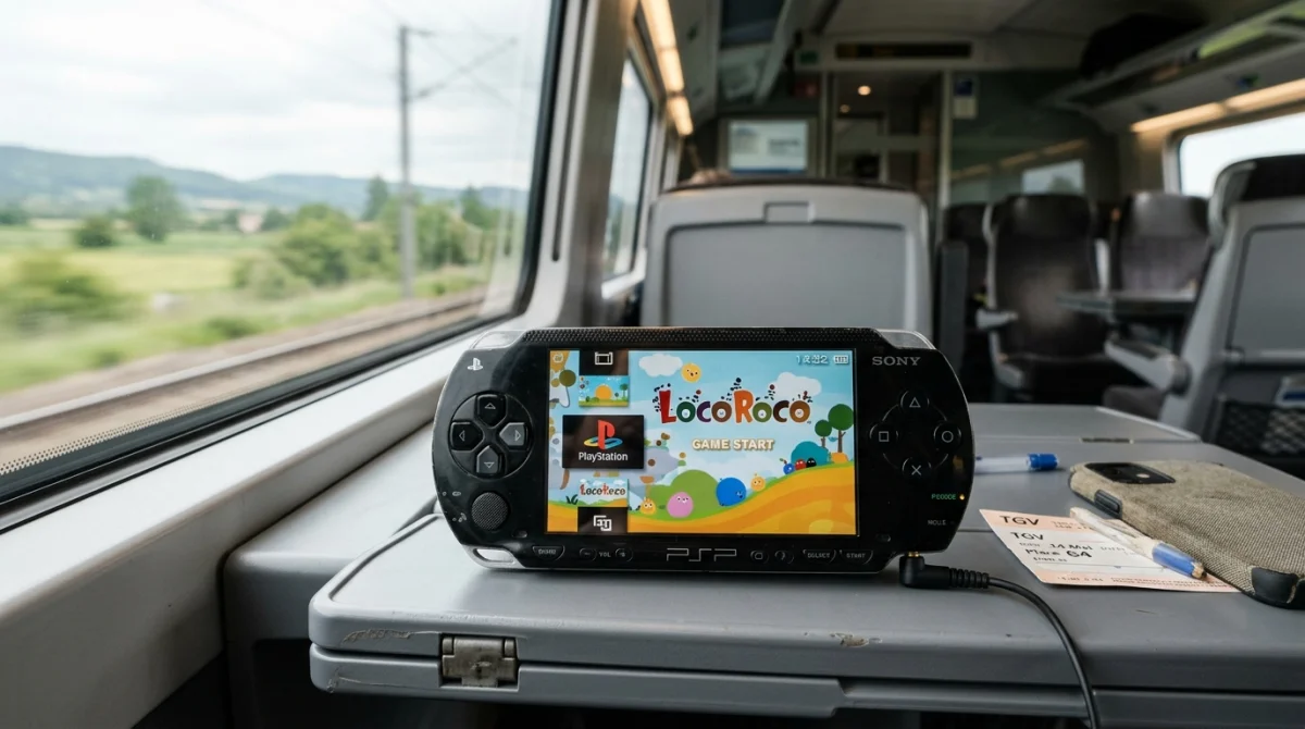 Console PSP originale posée sur une tablette de train, illustrant le meilleur jeu sur PSP en voyage.