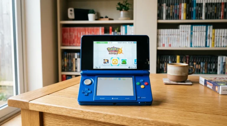 Les meilleurs jeux sur 3DS à connaître Console Nintendo 3DS ouverte sur une table en bois, illustrant notre sélection des meilleurs jeux sur 3DS.