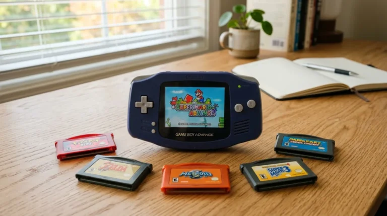 Console Game Boy Advance entourée de cartouches sur une table en bois, illustrant les meilleurs jeux GBA.