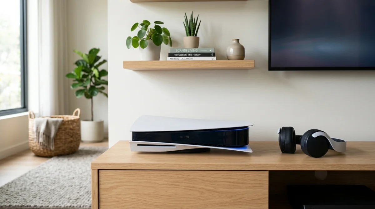 Console PlayStation 5 Slim posée sur un meuble TV moderne pour illustrer quelle PS5 choisir pour votre salon.
