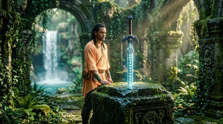 Invocateur contemplant une épée légendaire dans un temple en ruines pour votre guide Final Fantasy 10 soluce.