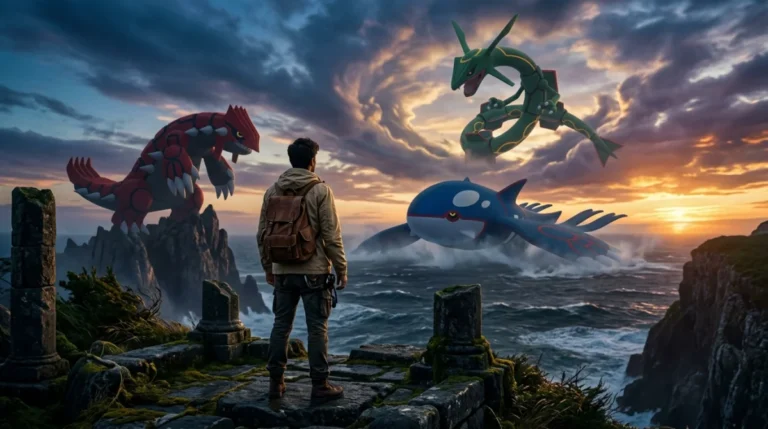 Dresseur face aux silhouettes légendaires de Rayquaza, Kyogre et Groudon au Pilier Céleste pour votre Pokémon Émeraude soluce.