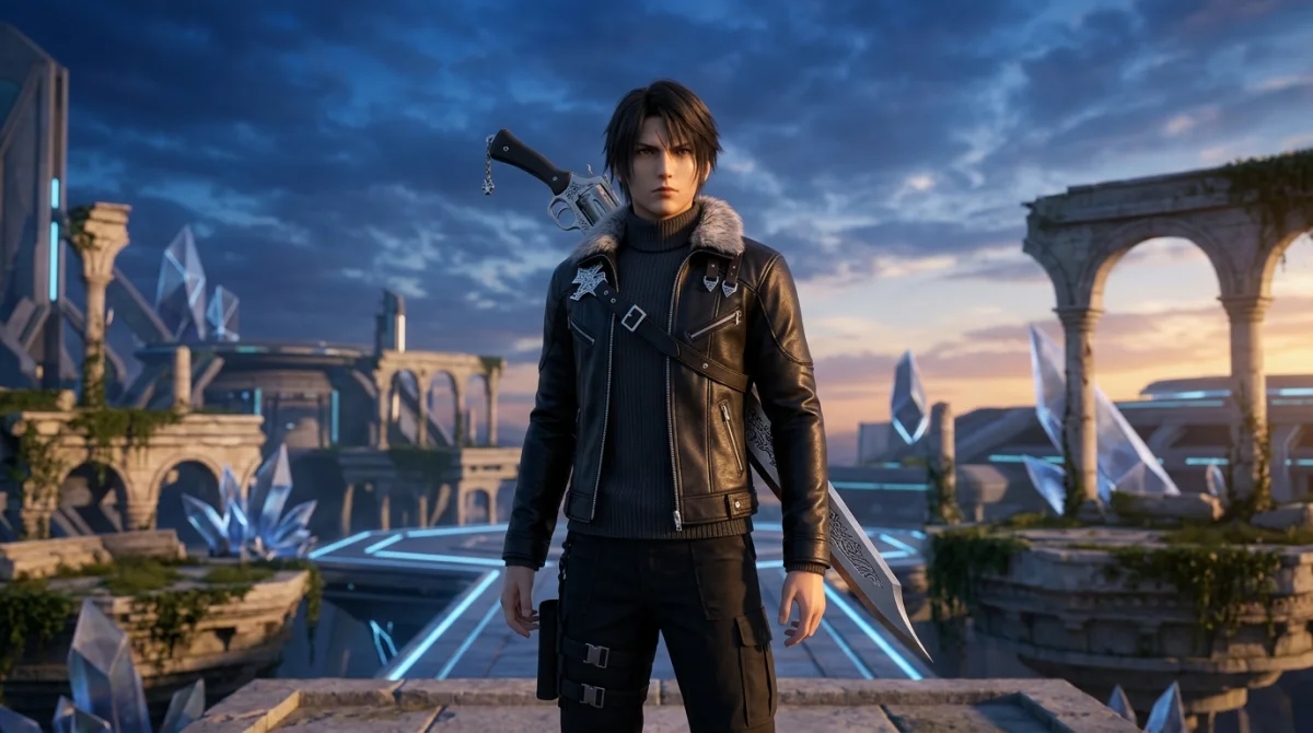 Guerrier inspiré de Squall Leonhart dans un décor futuriste pour votre soluce de Final Fantasy VIII.
