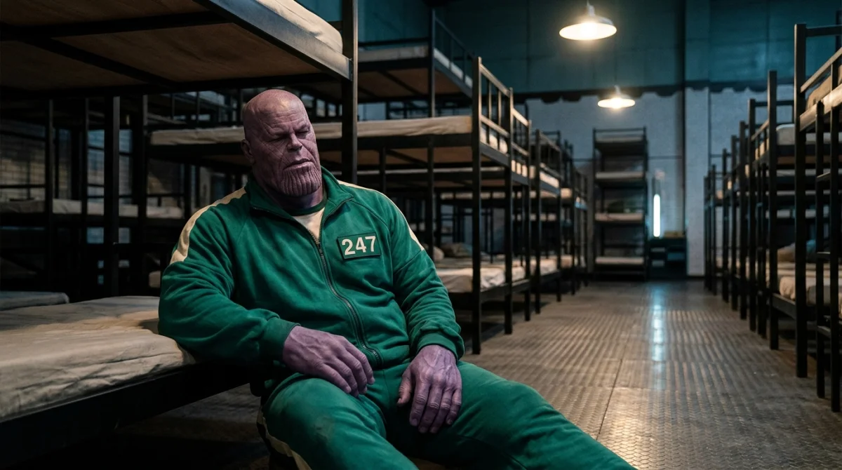 Thanos en survêtement vert de Squid Game s'effondre dans le dortoir sombre, illustrant comment est mort Thanos dans Squid Game.