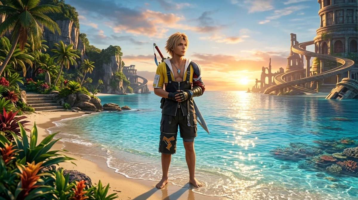 Tidus contemplant les eaux cristallines et les ruines de Zanarkand dans une scène nostalgique de Final Fantasy 10 soluce.