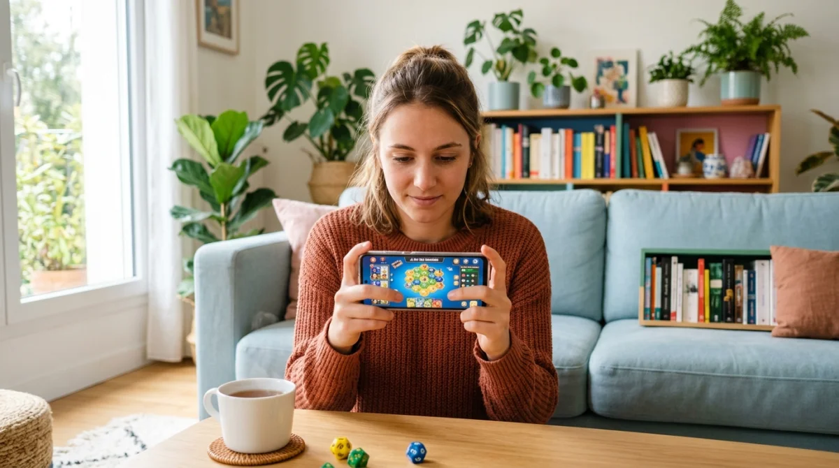 Personne concentrée jouant au jeu Monopoly Go sur smartphone dans un salon lumineux et moderne.