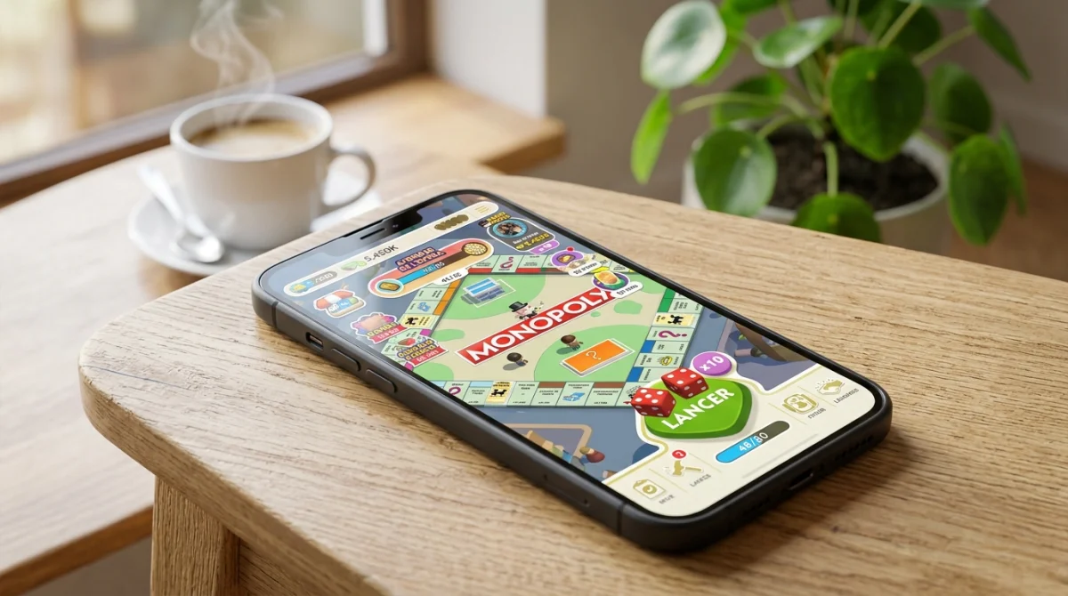 Smartphone affichant le jeu Monopoly Go sur une table en bois pour illustrer l'astuce du mode avion.