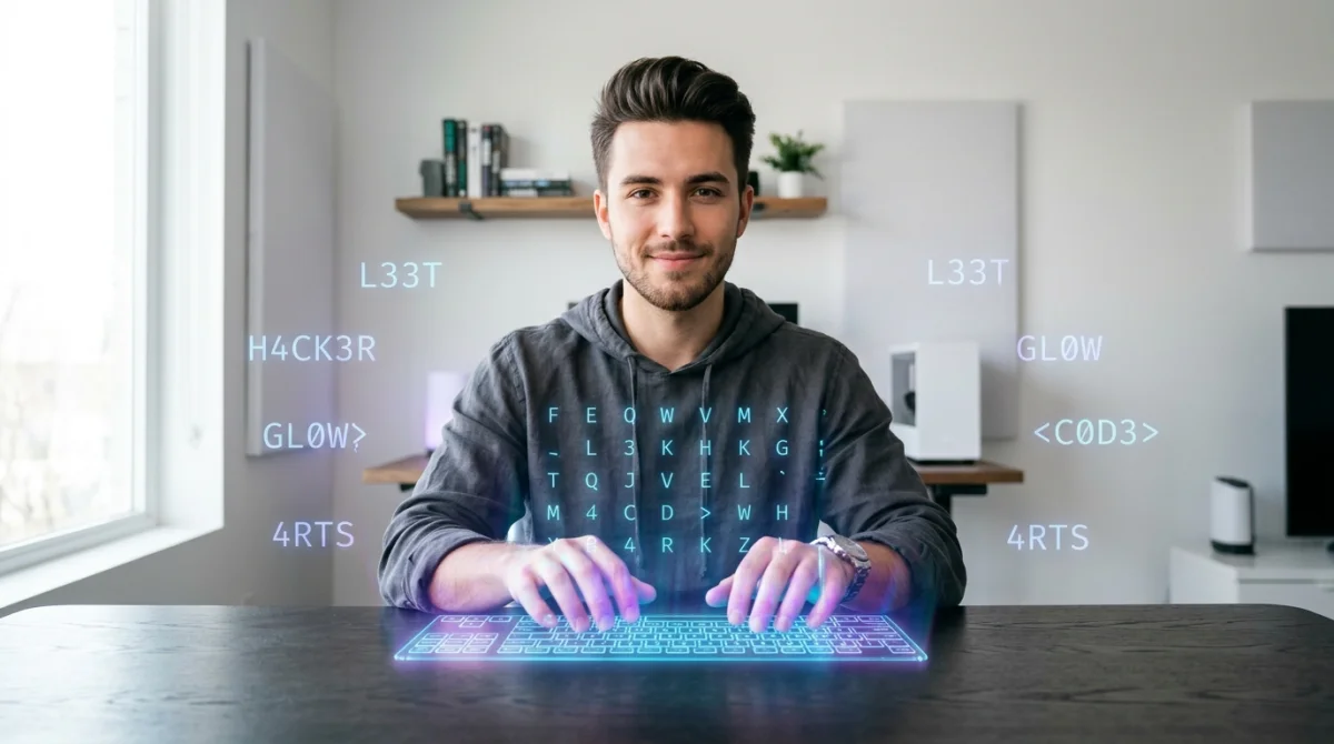 Jeune créateur utilisant un clavier holographique moderne pour générer un pseudo stylé dans un studio minimaliste.