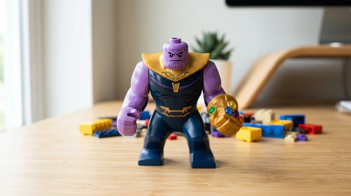 Figurine LEGO de Thanos avec le Gant de l'Infini sur un bureau, illustrant comment avoir Thanos dans LEGO Marvel.