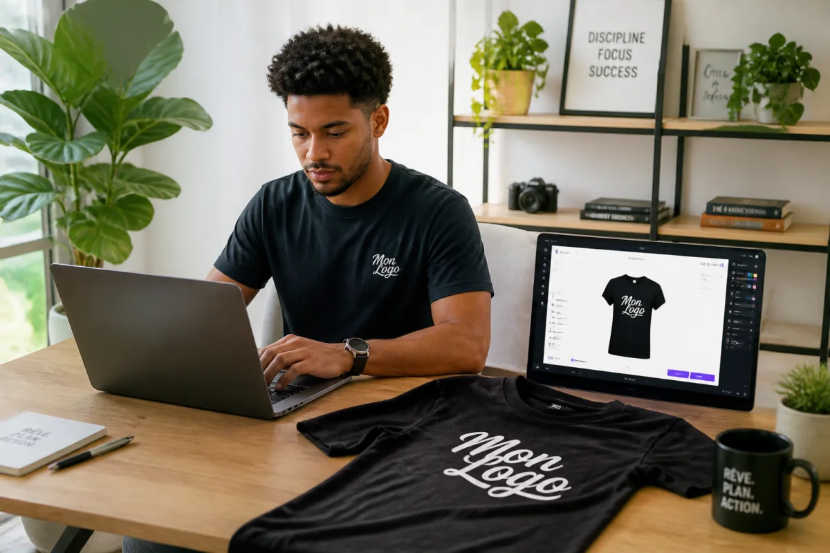 Jeune entrepreneur créatif travaillant sur un ordinateur pour lancer son business en ligne facile avec des t-shirts personnalisés.