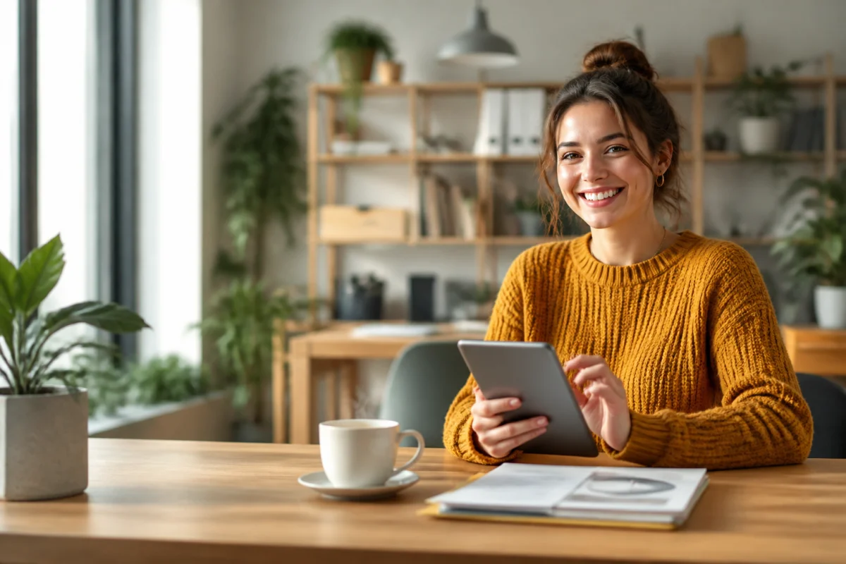 Jeune entrepreneuse souriante utilisant une tablette dans un espace de co-working lumineux pour réussir son business en ligne facile.
