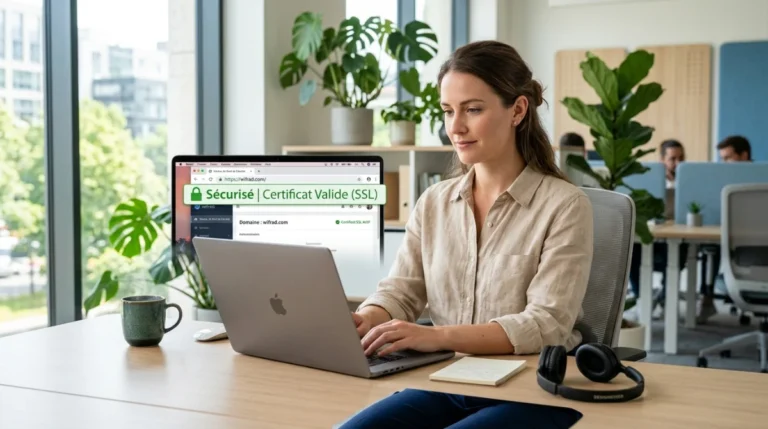 Wifrad com ne fonctionne plus en 2026 Experte en cybersécurité vérifiant la connexion sécurisée SSL sur le site professionnel wifrad.com dans un bureau moderne.