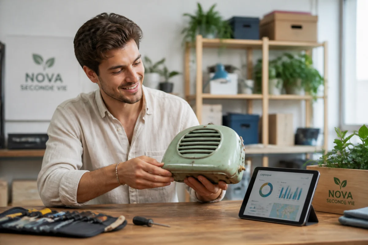 Jeune entrepreneur souriant examinant un objet vintage dans un bureau moderne pour illustrer des idées business en ligne.
