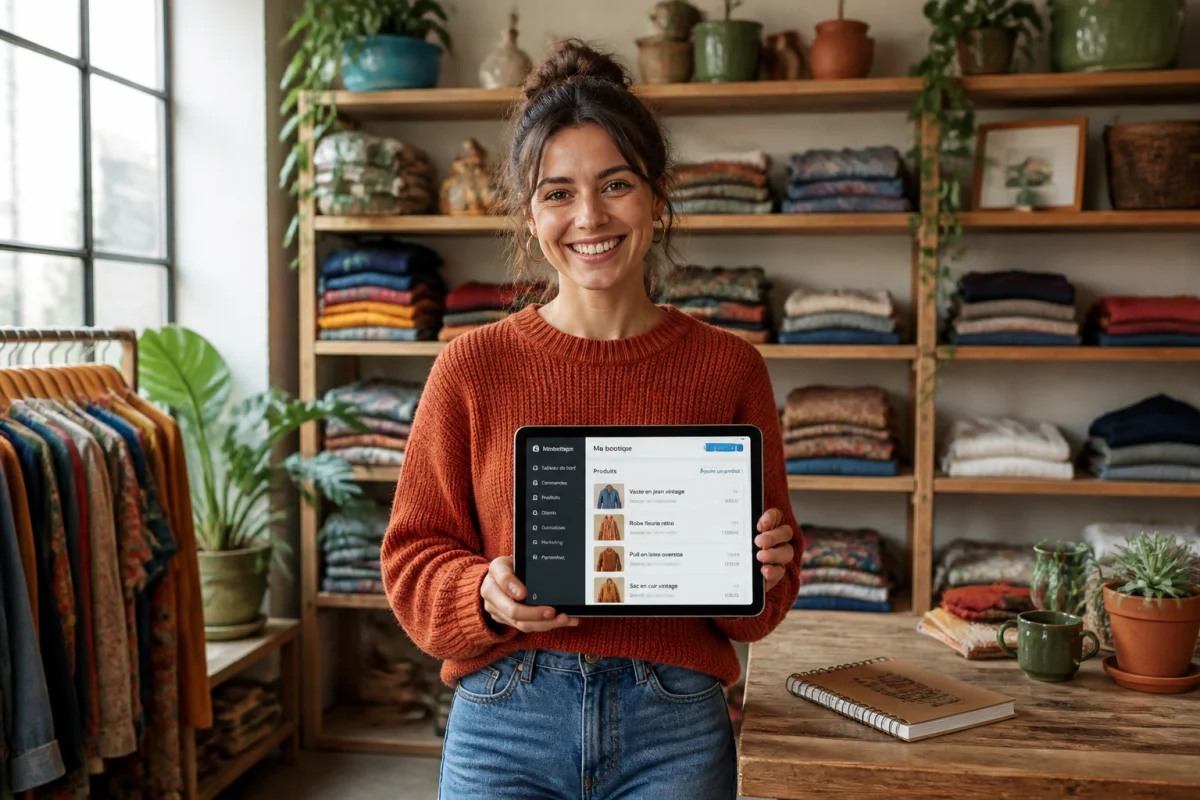Jeune entrepreneure souriante gérant une boutique de vêtements vintage sur tablette, illustrant des idées business en ligne inspirantes.