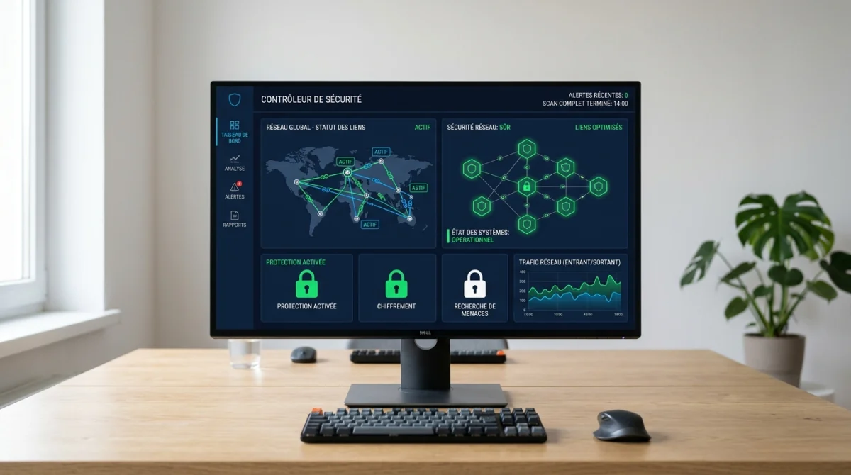 Écran d'ordinateur affichant une interface de cybersécurité professionnelle pour le site Sorlav com dans un bureau minimaliste.