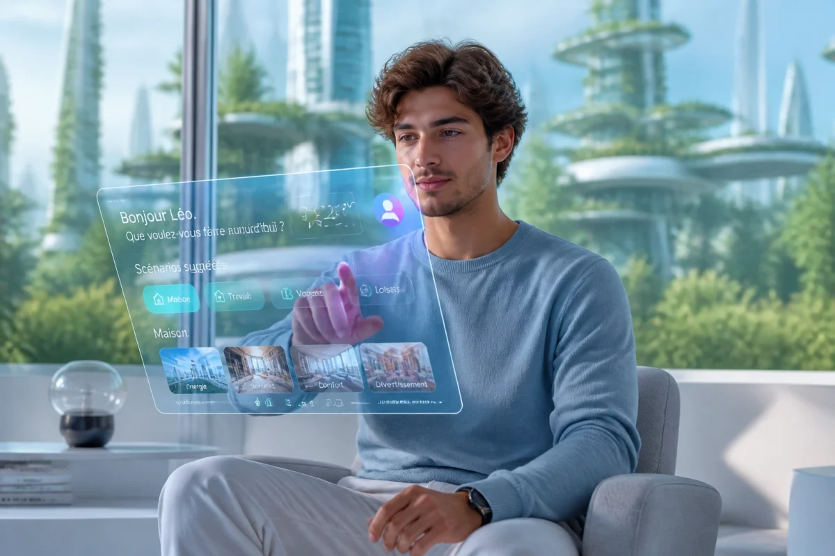 Jeune professionnel interagissant avec une interface holographique moderne dans un espace de travail futuriste et lumineux pour trifak.com.