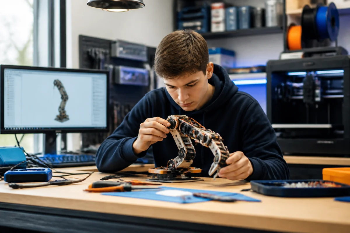 Jeune inventeur concentré travaillant sur un prototype innovant dans son atelier pour créer un produit qui n'existe pas.
