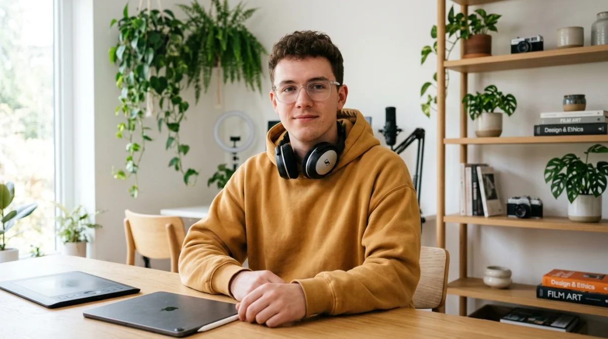 Jeune créateur de contenu portant un sweat jaune dans un studio moderne pour inspirer un pseudo stylé.