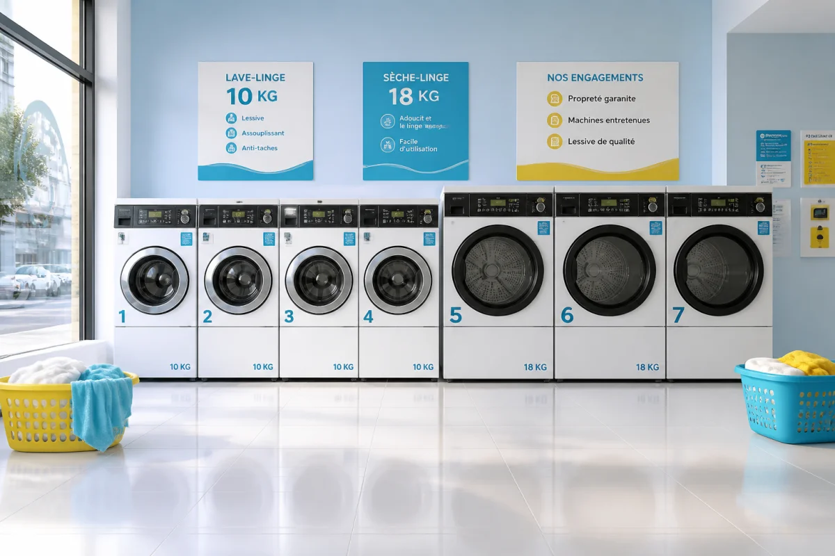 Laverie automatique moderne et lumineuse avec des machines professionnelles alignées pour un commerce automatique rentable et efficace.