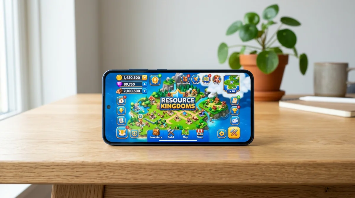 Smartphone posé sur un bureau en bois affichant une interface de jeu Monopoly Go avec des ressources élevées.