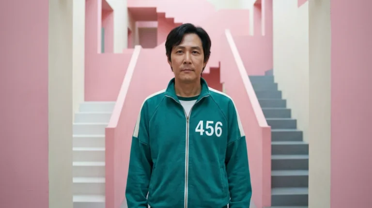 Personnage en combinaison Squid Game portant le numéro 456 sur la poitrine dans un couloir rose minimaliste.