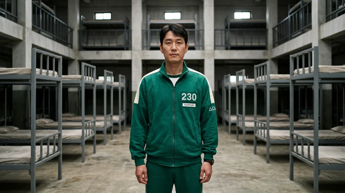 Joueur de Squid Game portant un survêtement vert avec le numéro 230 dans un dortoir minimaliste.