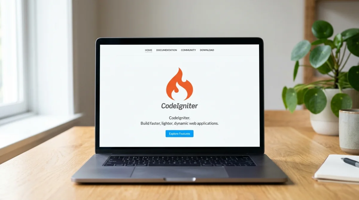 Ordinateur portable sur un bureau en bois affichant le site sibruv com avec le logo CodeIgniter.