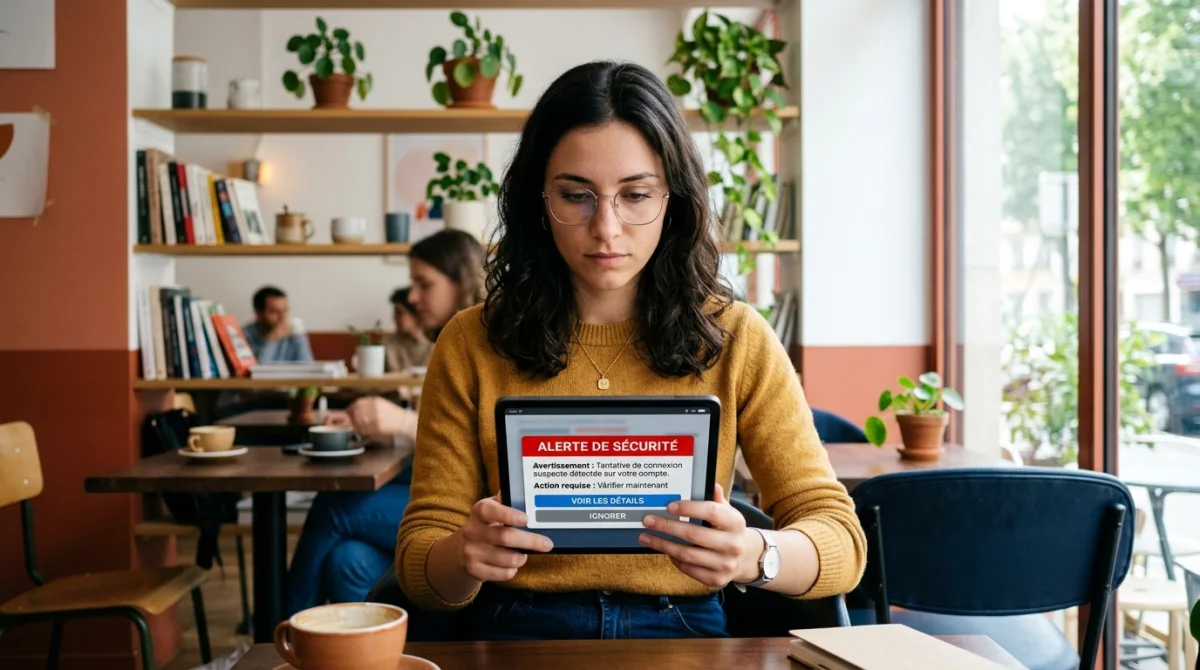 Personne concentrée consultant une alerte de sécurité sur tablette dans un café moderne pour sibruv com.