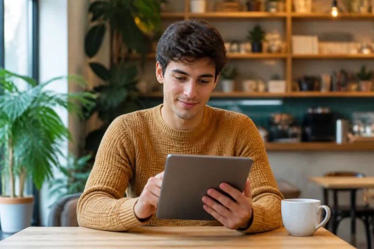 Accéder à trifak.com en 2026 Jeune personne sereine utilisant une tablette dans un café moderne, illustrant la sécurité numérique sur trifak.com.