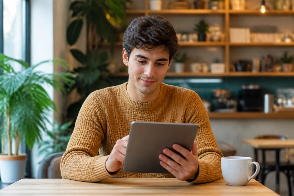 Jeune personne sereine utilisant une tablette dans un café moderne, illustrant la sécurité numérique sur trifak.com.