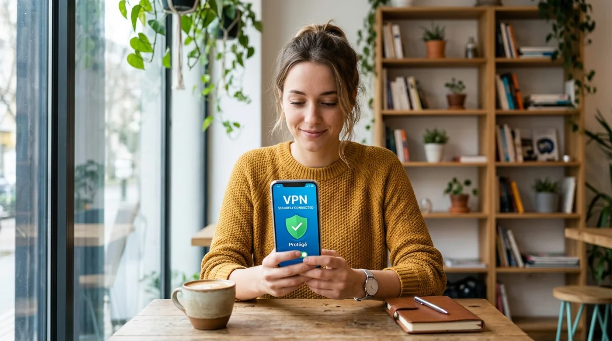 Jeune personne souriante utilisant une application VPN sur smartphone dans un café moderne pour naviguer sur sosoplay.net.