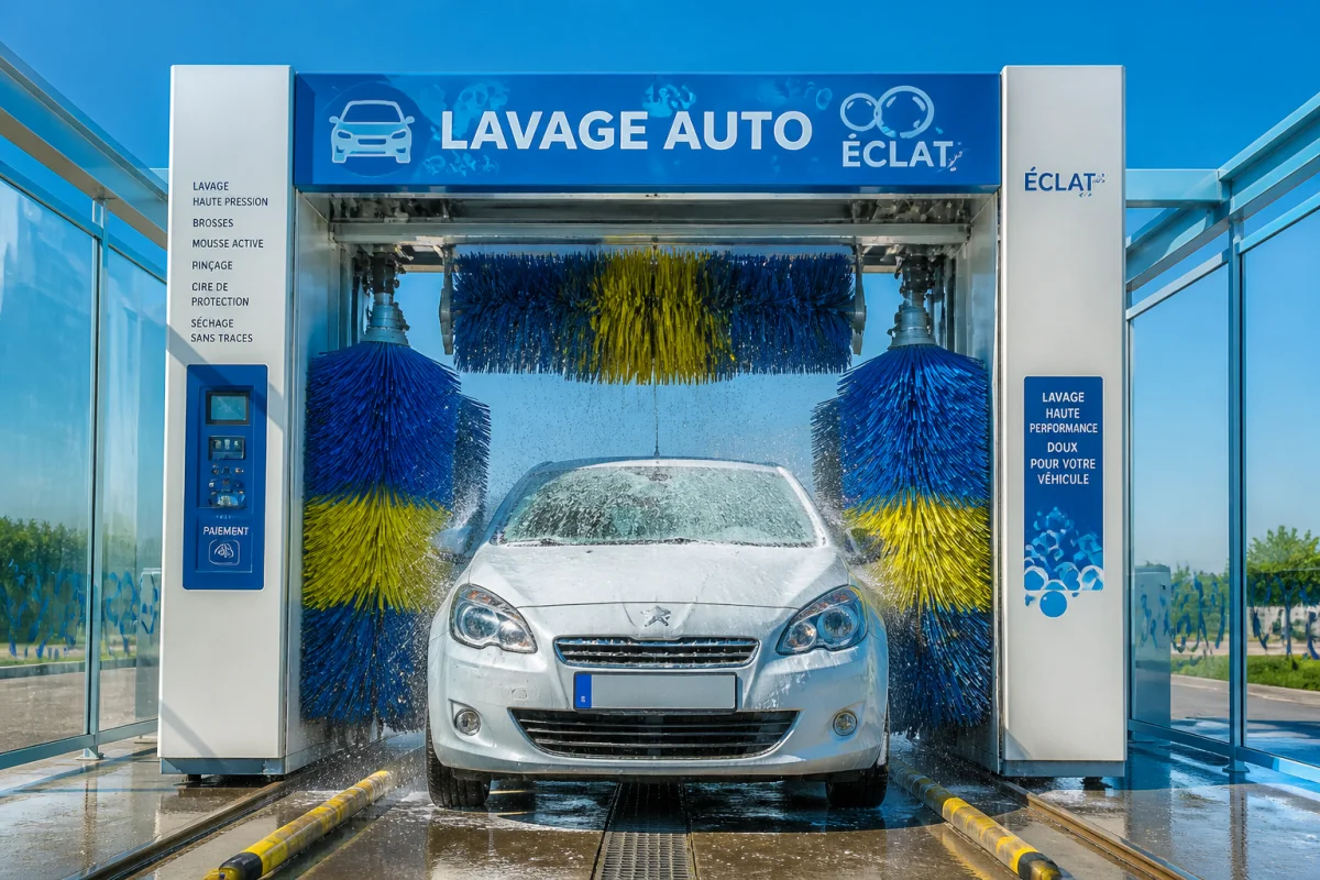 Station de lavage moderne pour un commerce automatique rentable avec une voiture en cours de nettoyage efficace.