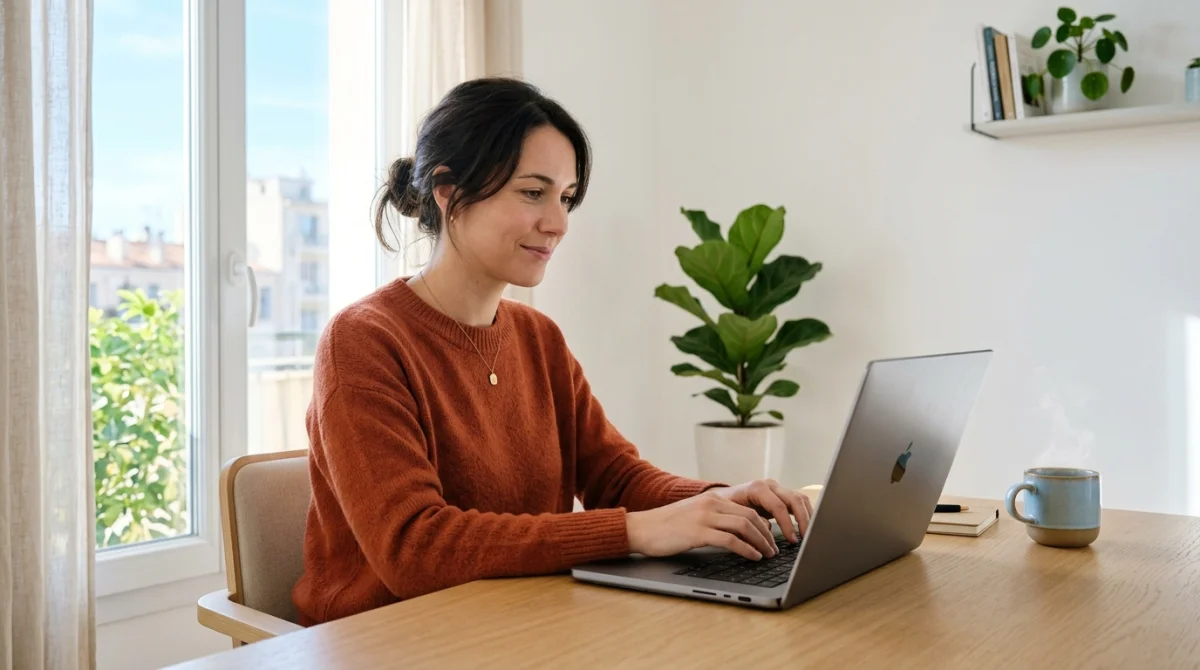 Personne sereine travaillant sur un ordinateur portable dans un espace de travail minimaliste et lumineux pour makriv.com.