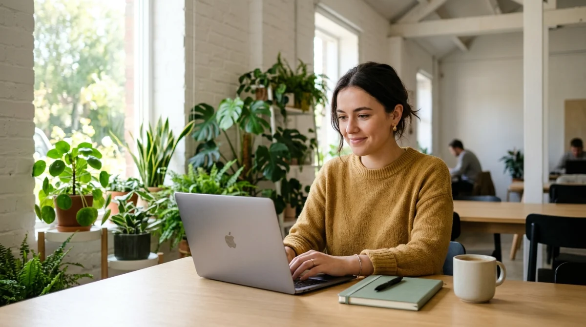 Personne travaillant sereinement sur un ordinateur portable dans un espace de coworking lumineux pour Sorlav com.
