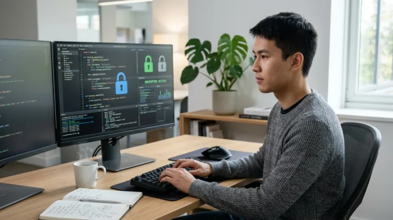Jeune informaticien travaillant sur du code complexe pour une analyse technique sécurisée sur un bureau moderne.