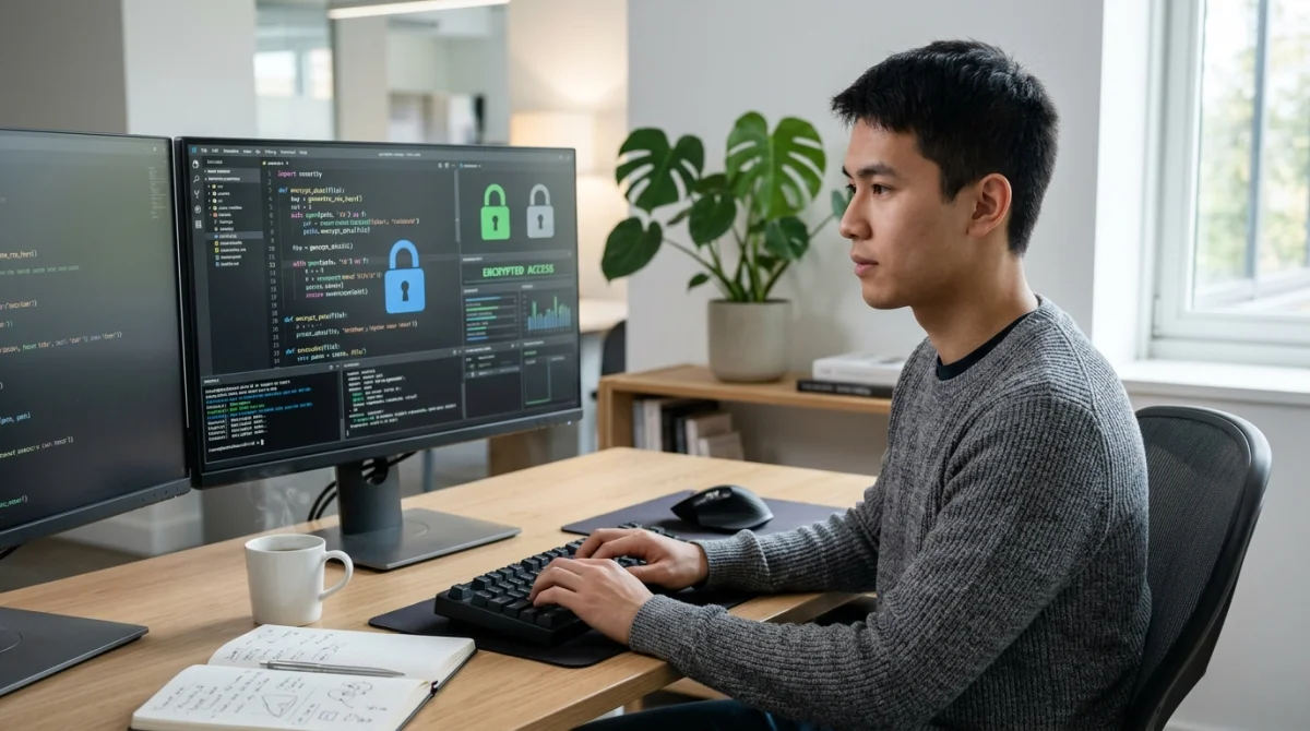 Jeune informaticien travaillant sur du code complexe pour une analyse technique sécurisée sur un bureau moderne.