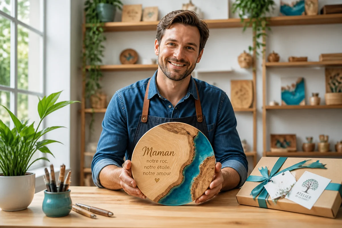 Artisan souriant présentant un objet artisanal personnalisé dans son atelier lumineux pour illustrer que vendre par internet.
