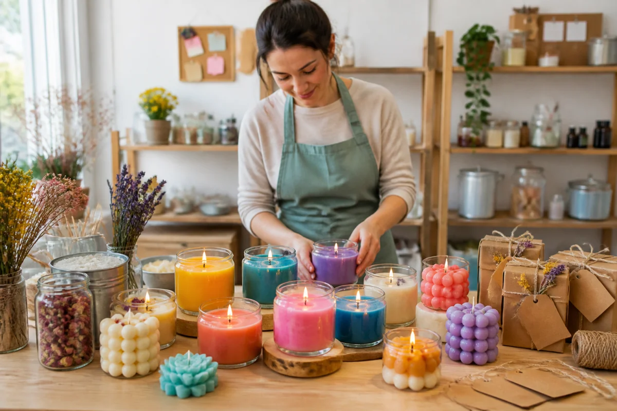 Bougies artisanales colorées fabriquées dans un atelier domestique, une créatrice préparant des produits à vendre avec peu de budget