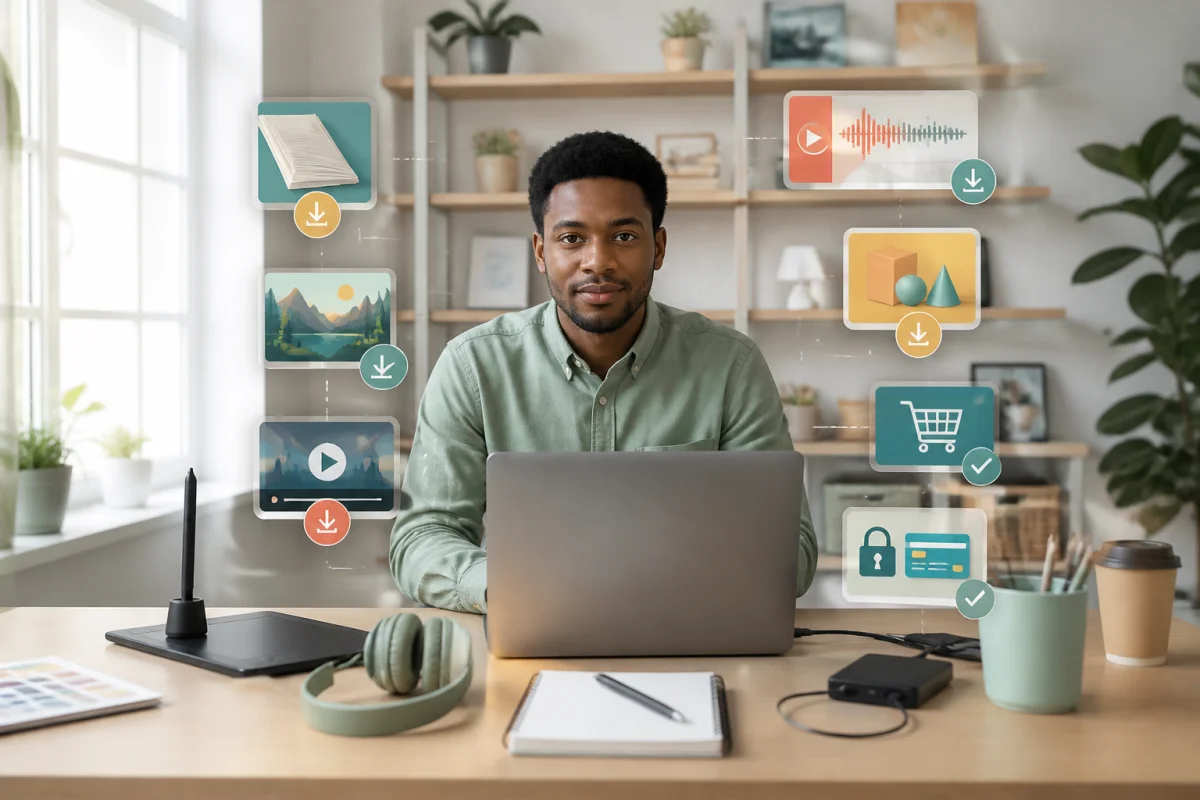 Entrepreneur numérique organisant un business en ligne automatisé de produits numériques devant un ordinateur multifonctionnel