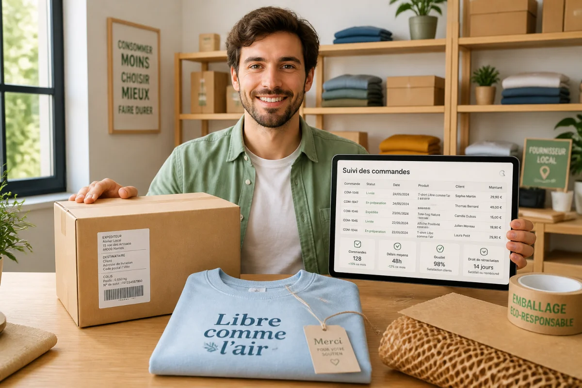 Entrepreneur présentant une commande de business en ligne automatisé avec colis, vêtement personnalisé et suivi numérique des ventes