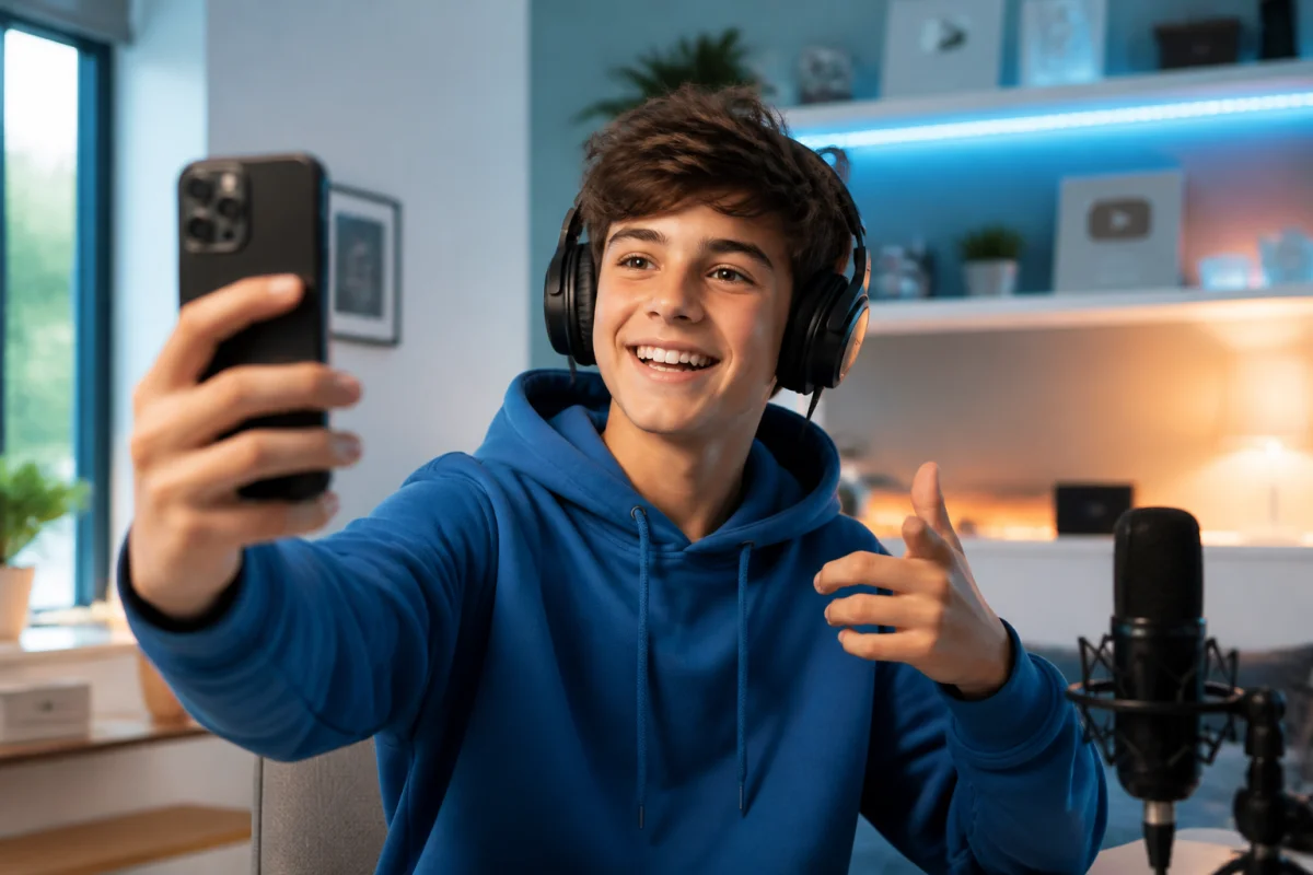 Adolescent confiant avec casque et smartphone dans une chambre moderne, illustrant une idée de business pour ado en ligne.