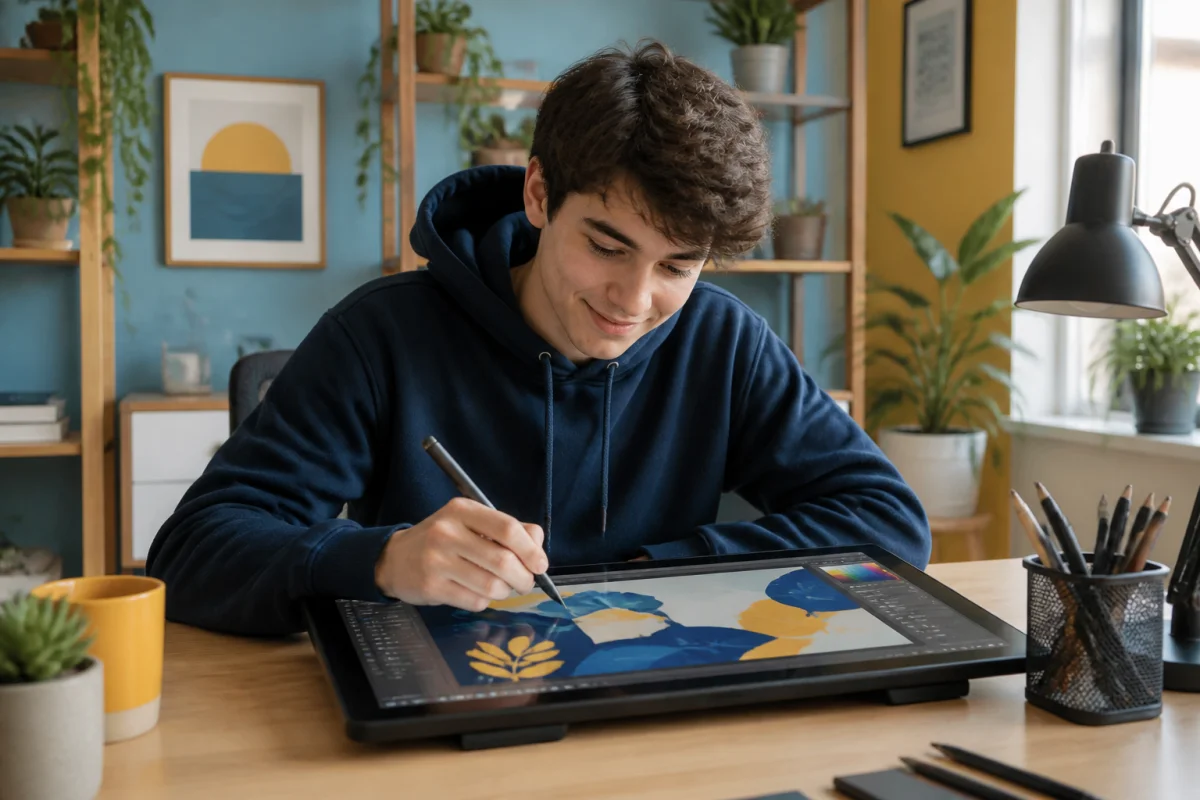 Adolescent créatif travaillant sur une tablette graphique, une idée de business en ligne inspirante et productive.