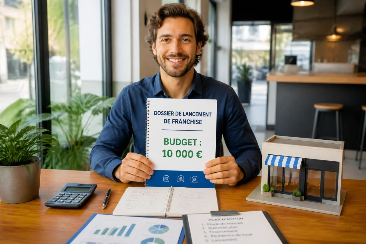 Entrepreneur présentant un projet avec 10 000 euros, dossier financier, plan d’action et maquette de local commercial