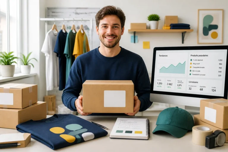 Entrepreneur présentant un colis et des produits personnalisés dans un atelier e-commerce de vente en ligne sans stock