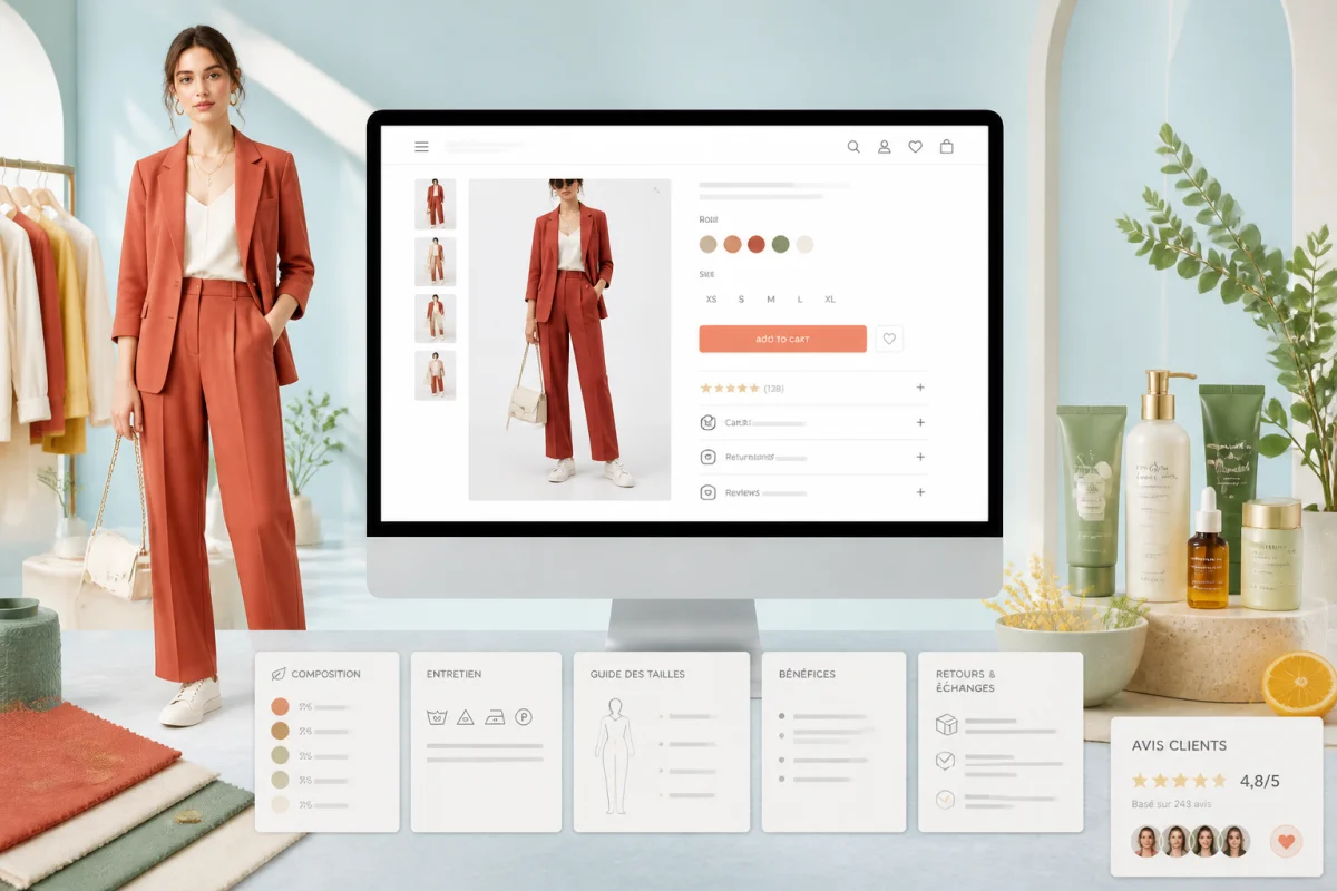 Exemple e-commerce d’une boutique mode et beauté présentant vêtements, soins, informations produits et politique de retour