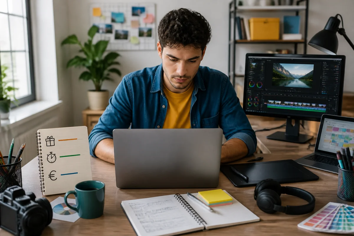 Freelance concentré devant son ordinateur, préparant une offre de services pour démarrer rapidement un business rentable.