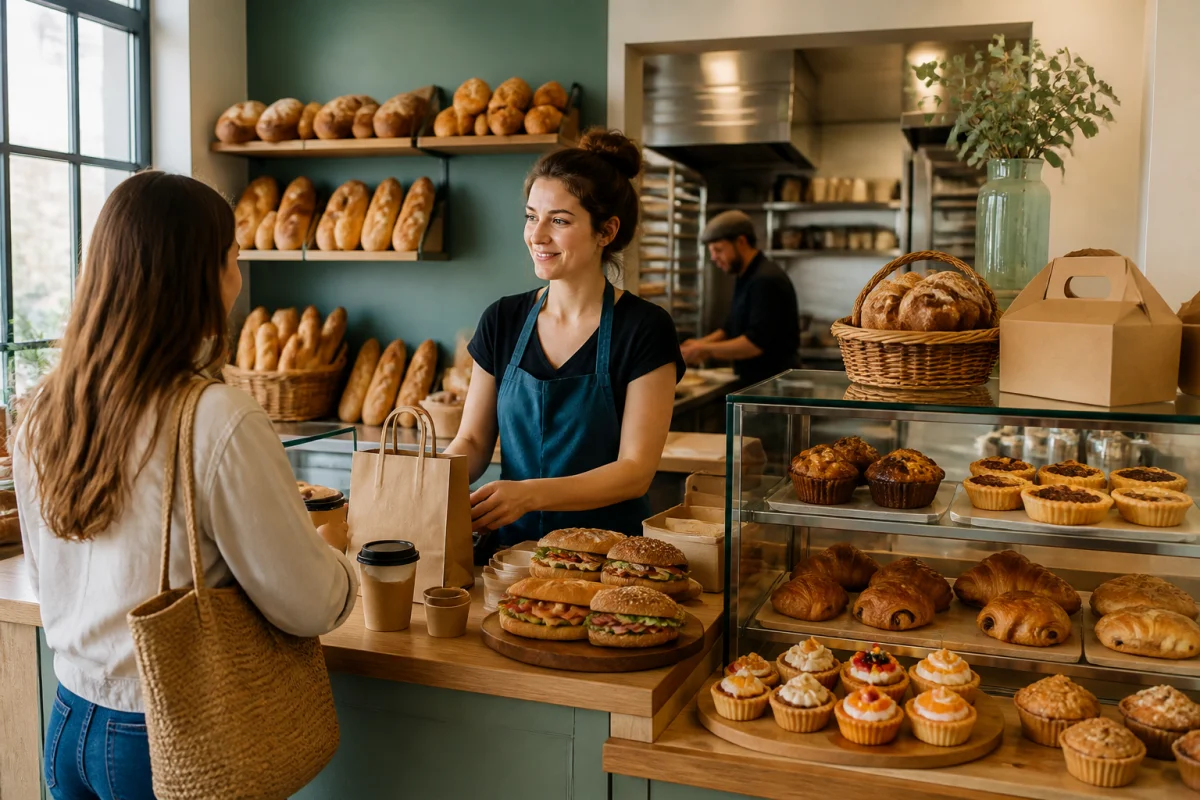 Boulangerie-pâtisserie moderne, commerce qui marche le mieux, proposant pains, viennoiseries, sandwichs et cafés à emporter.